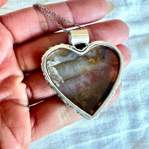 925 Earth Stone Red + Yellow! Moss Agate Heart ❤️ Necklace Pendant - Picture 7 of 9